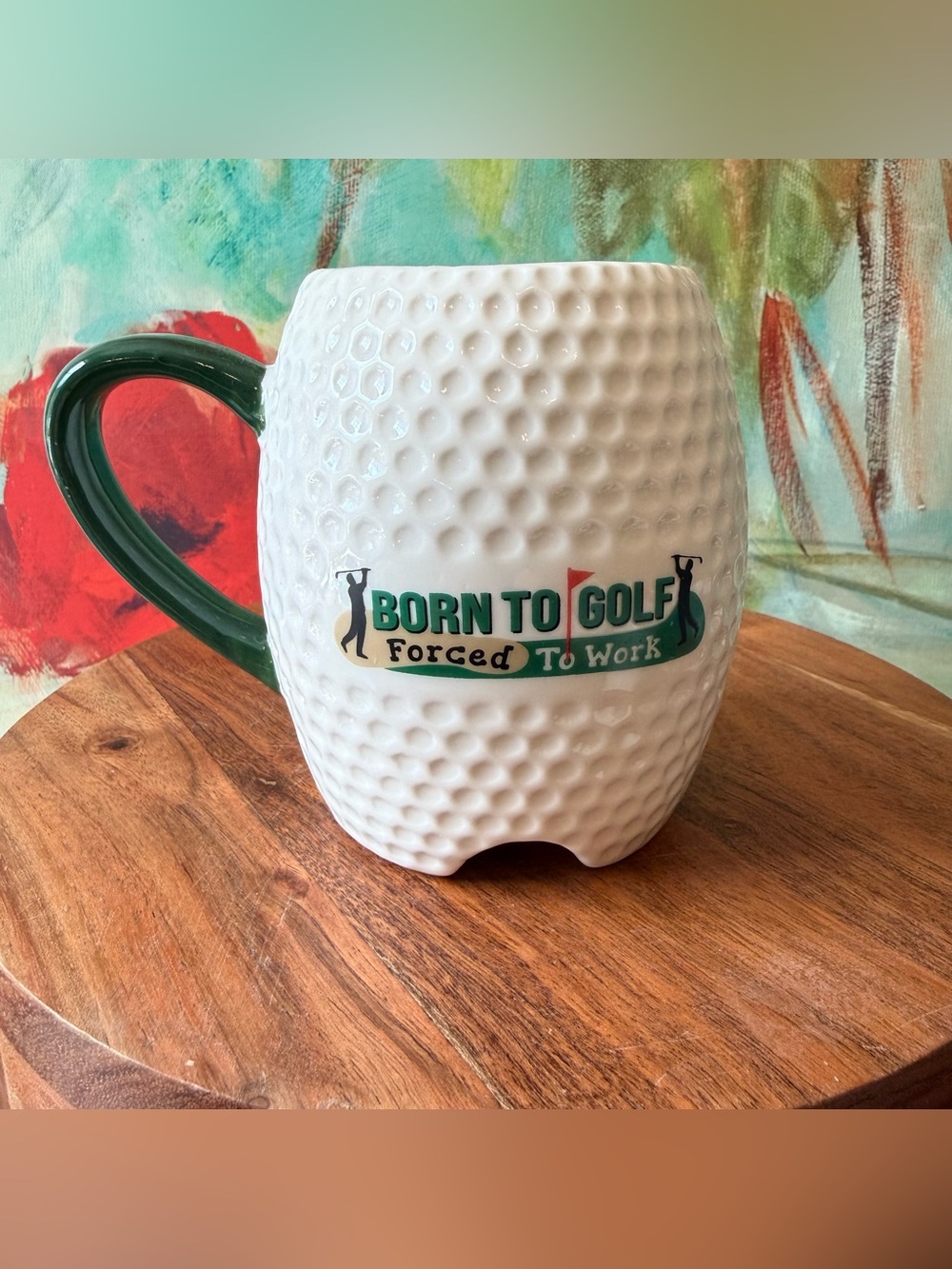 I'd Rather Be Golfing Golf Ball Shaped Ceramic Coffee Mug White Green Novelty